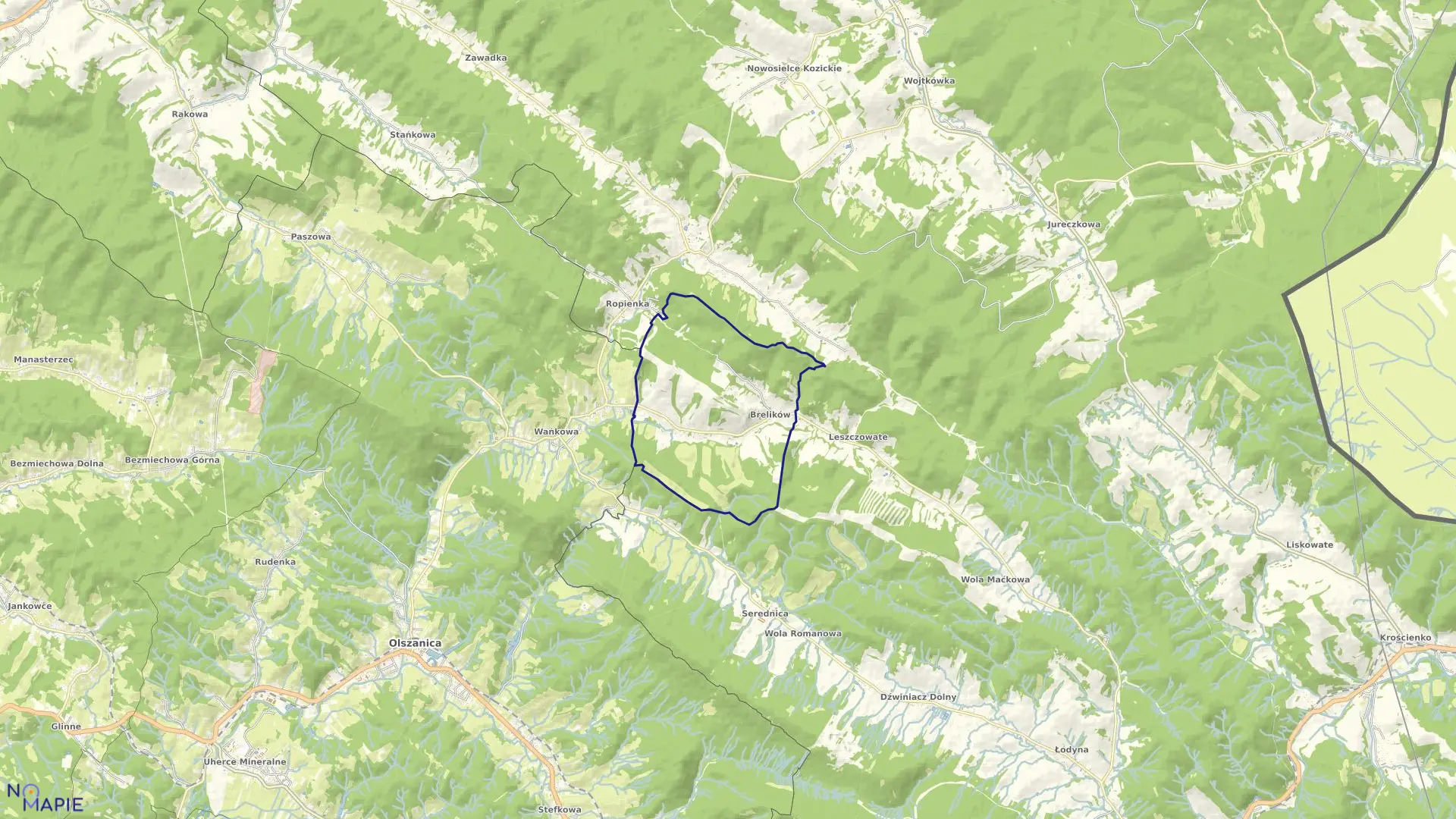 Mapa obrębu Brelików w gminie Ustrzyki Dolne