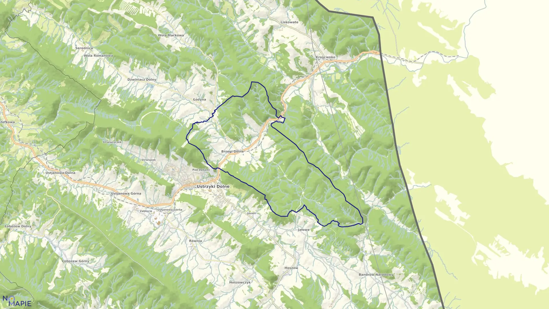 Mapa obrębu Brzegi Dolne w gminie Ustrzyki Dolne