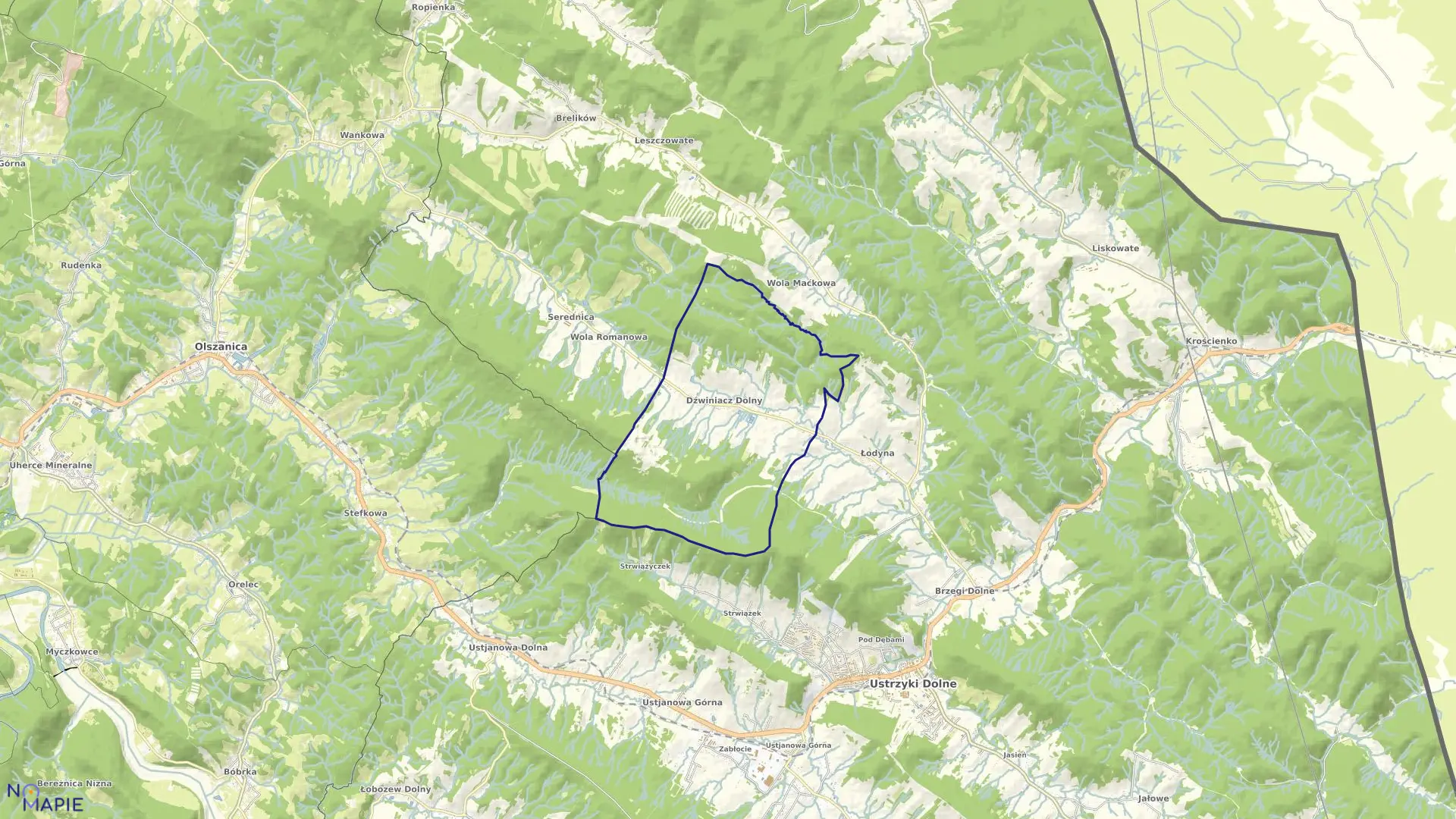 Mapa obrębu Dźwiniacz Dolny w gminie Ustrzyki Dolne