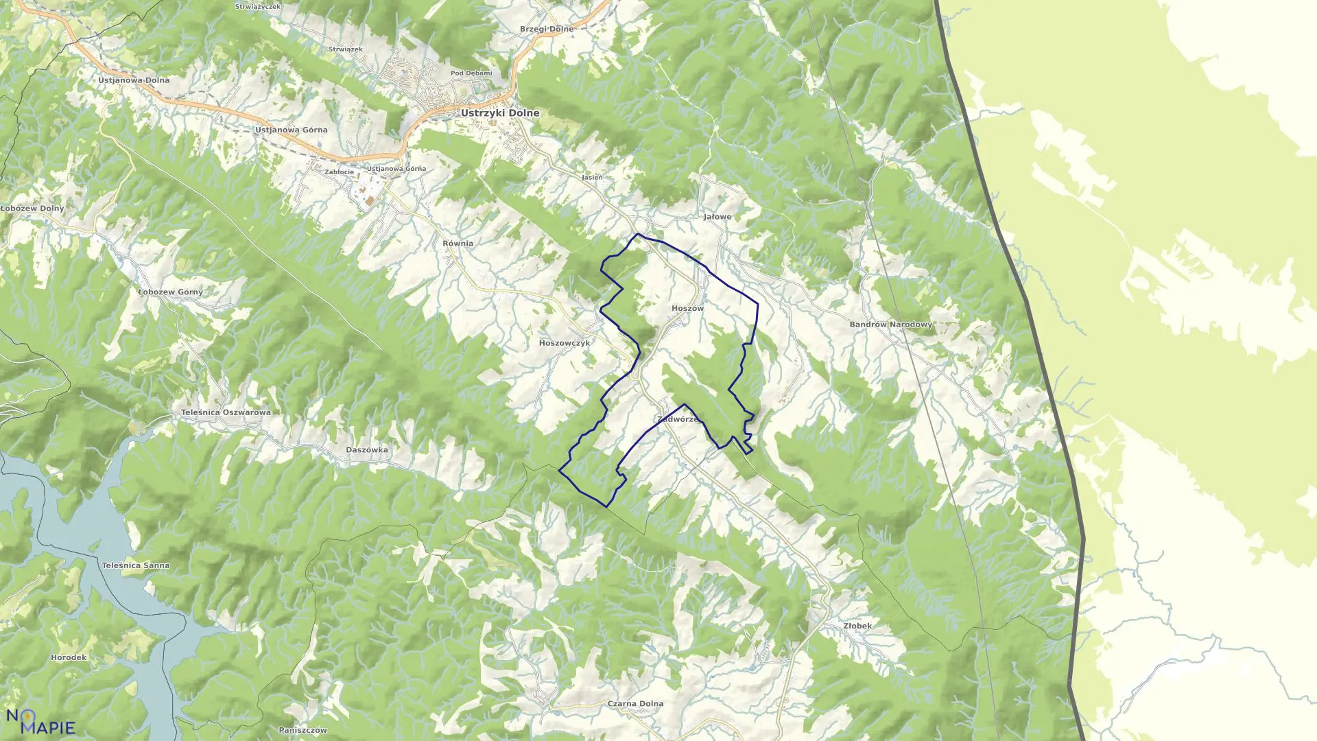 Mapa obrębu Hoszów w gminie Ustrzyki Dolne