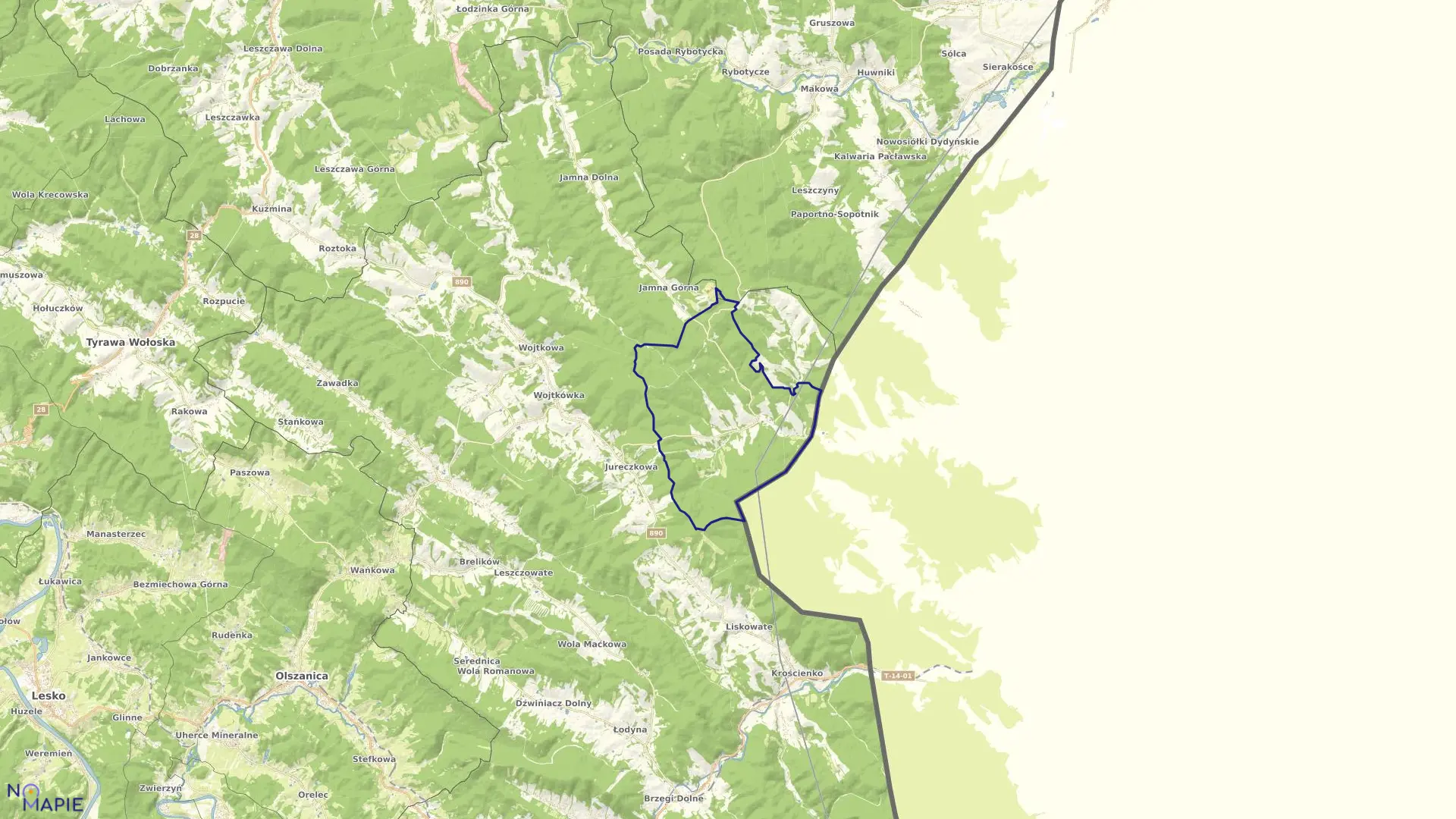 Mapa obrębu Kwaszenina w gminie Ustrzyki Dolne