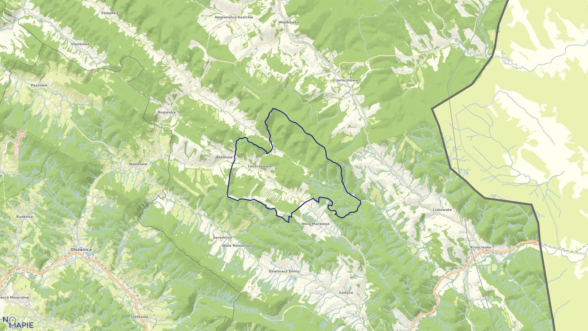 Mapa obrębu Leszczowate w gminie Ustrzyki Dolne