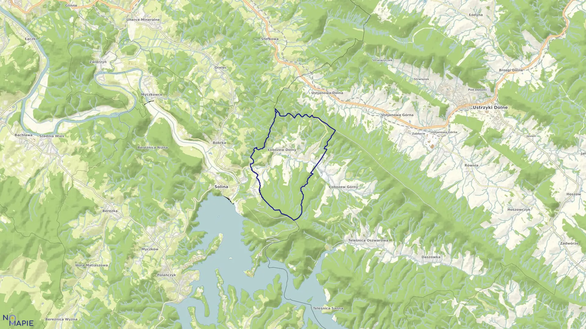 Mapa obrębu Łobozew Dolny w gminie Ustrzyki Dolne