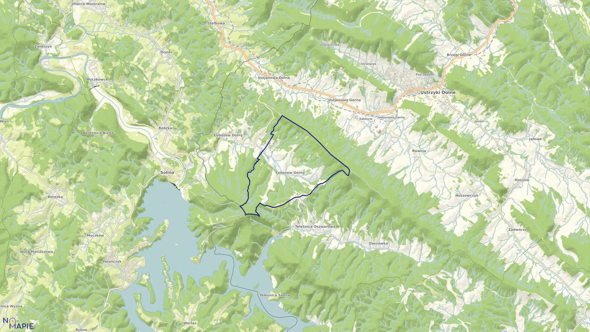 Mapa obrębu Łobozew Górny w gminie Ustrzyki Dolne