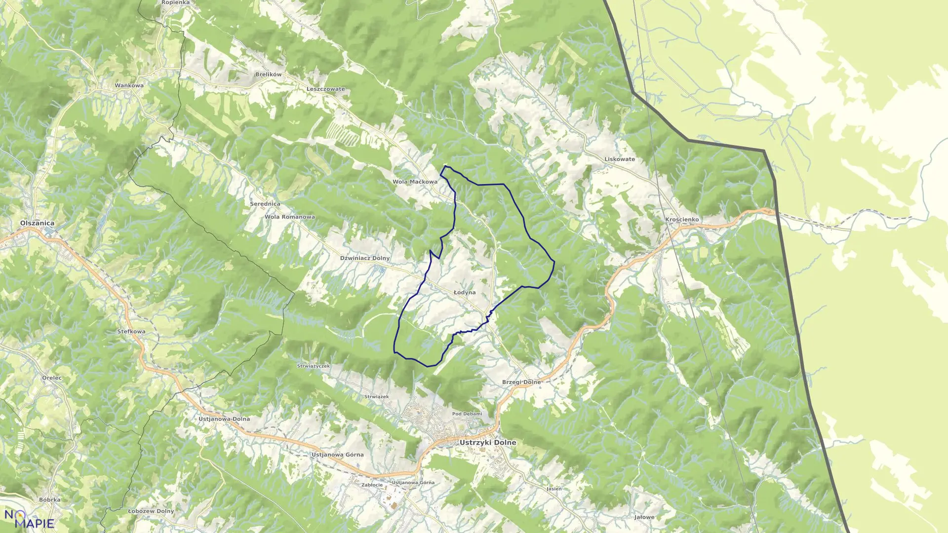 Mapa obrębu Łodyna w gminie Ustrzyki Dolne