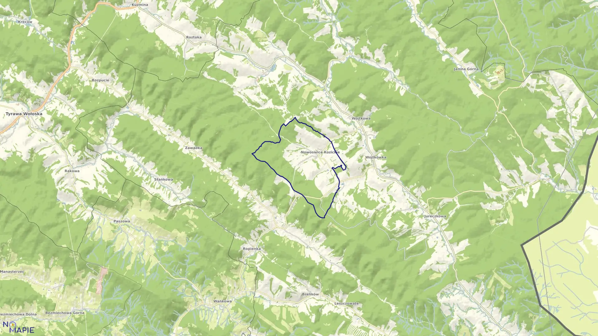 Mapa obrębu Nowosielce Kozickie w gminie Ustrzyki Dolne