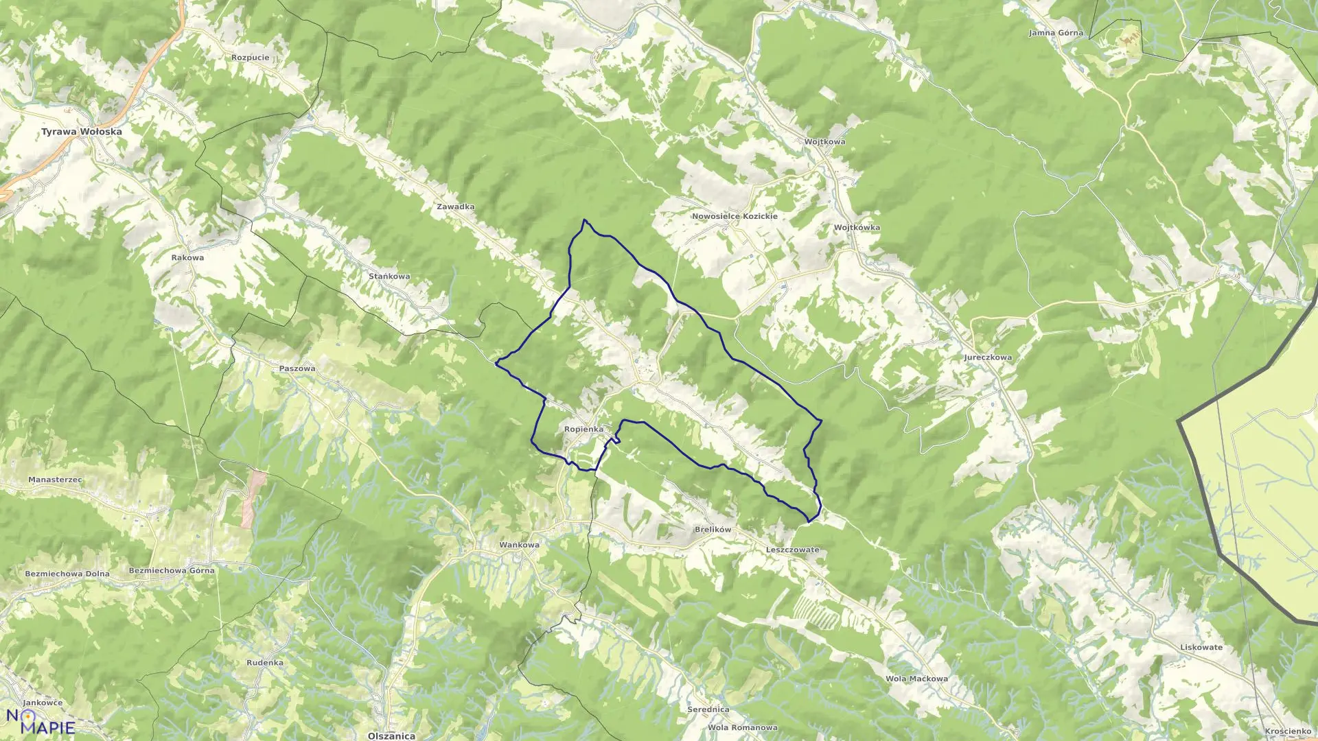 Mapa obrębu Ropienka w gminie Ustrzyki Dolne