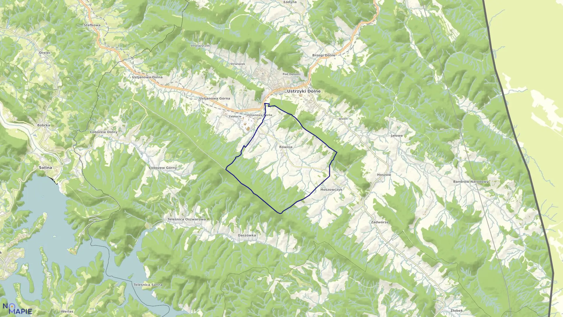 Mapa obrębu Równia w gminie Ustrzyki Dolne