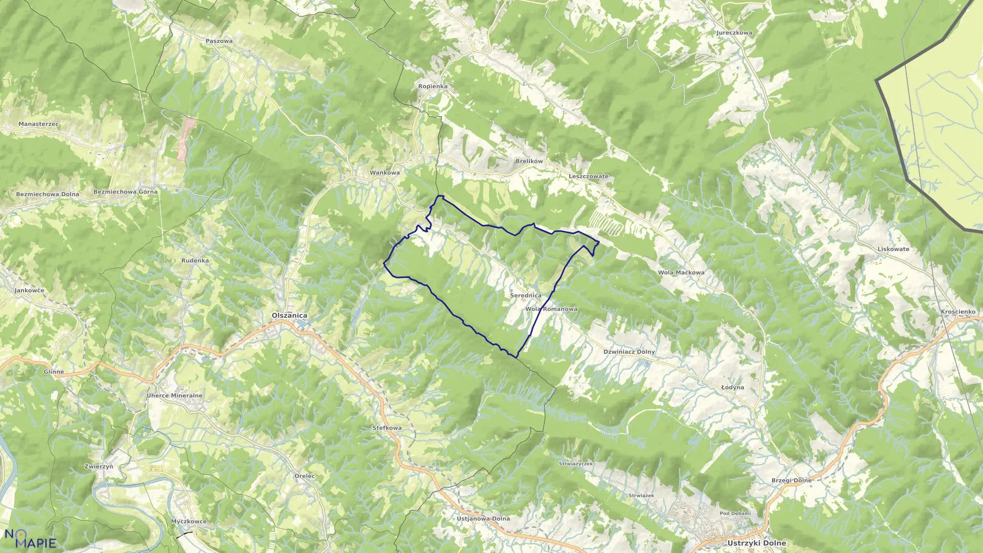 Mapa obrębu Serednica w gminie Ustrzyki Dolne