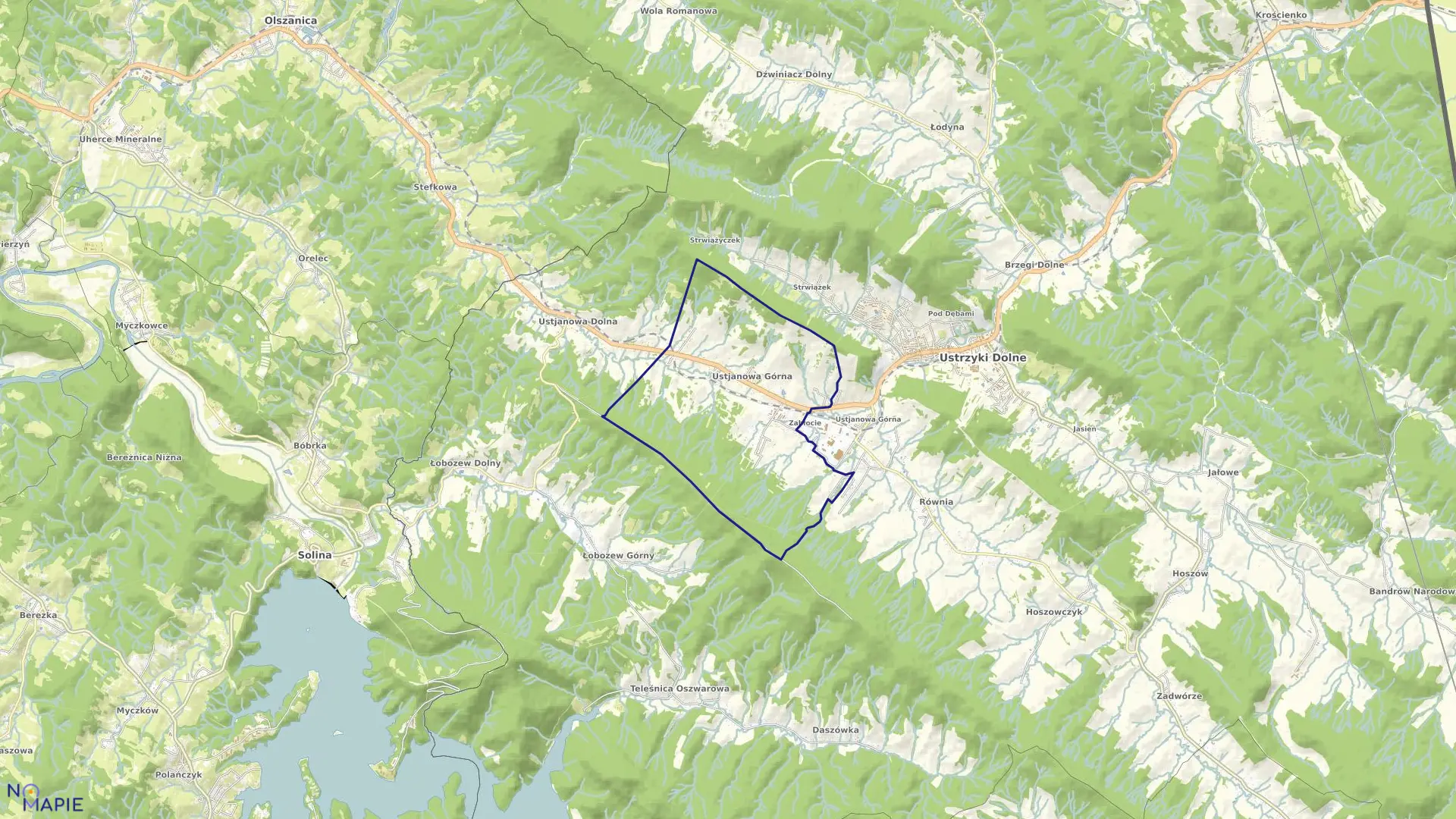 Mapa obrębu Ustjanowa Górna w gminie Ustrzyki Dolne