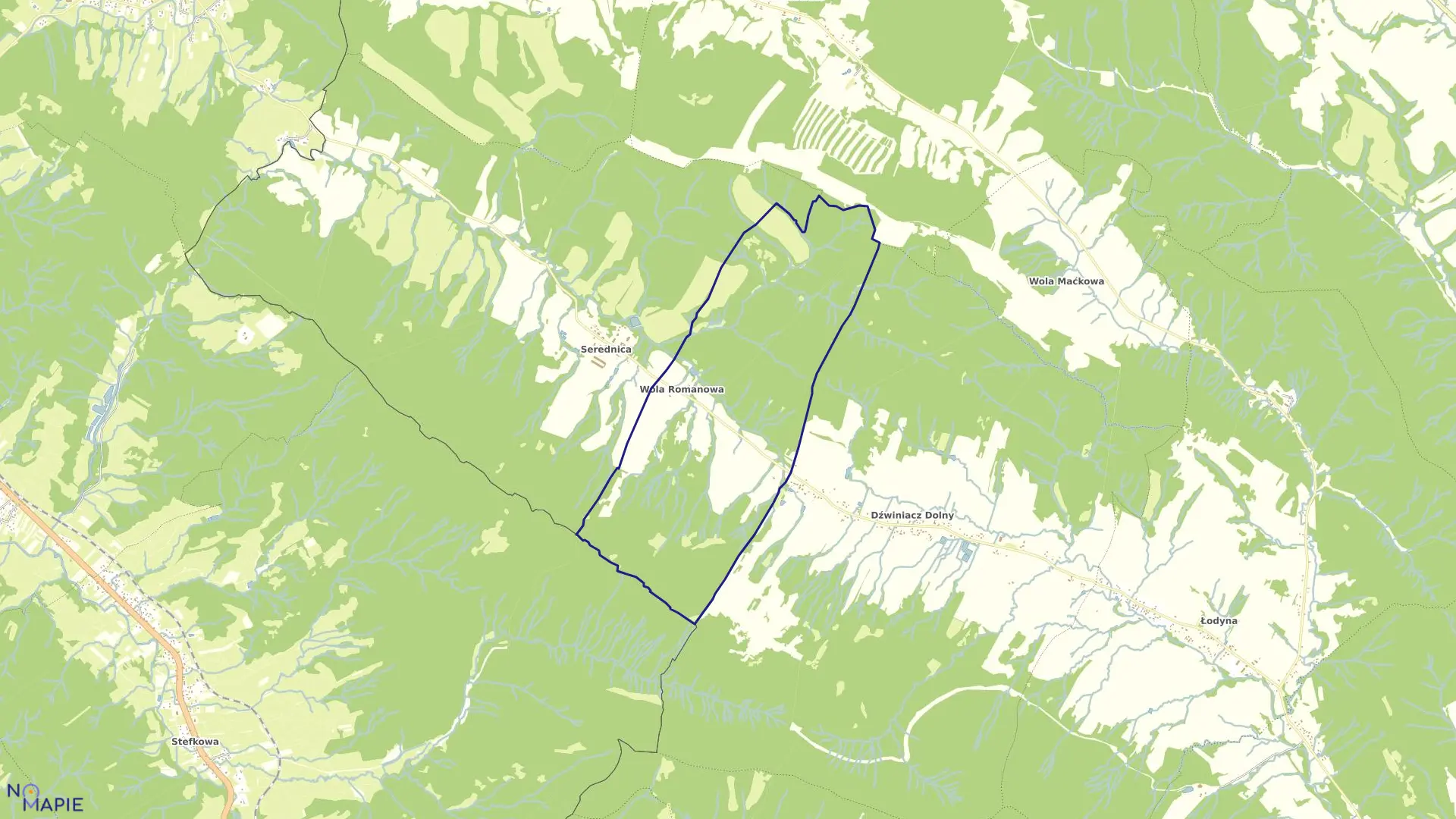 Mapa obrębu Wola Romanowa w gminie Ustrzyki Dolne