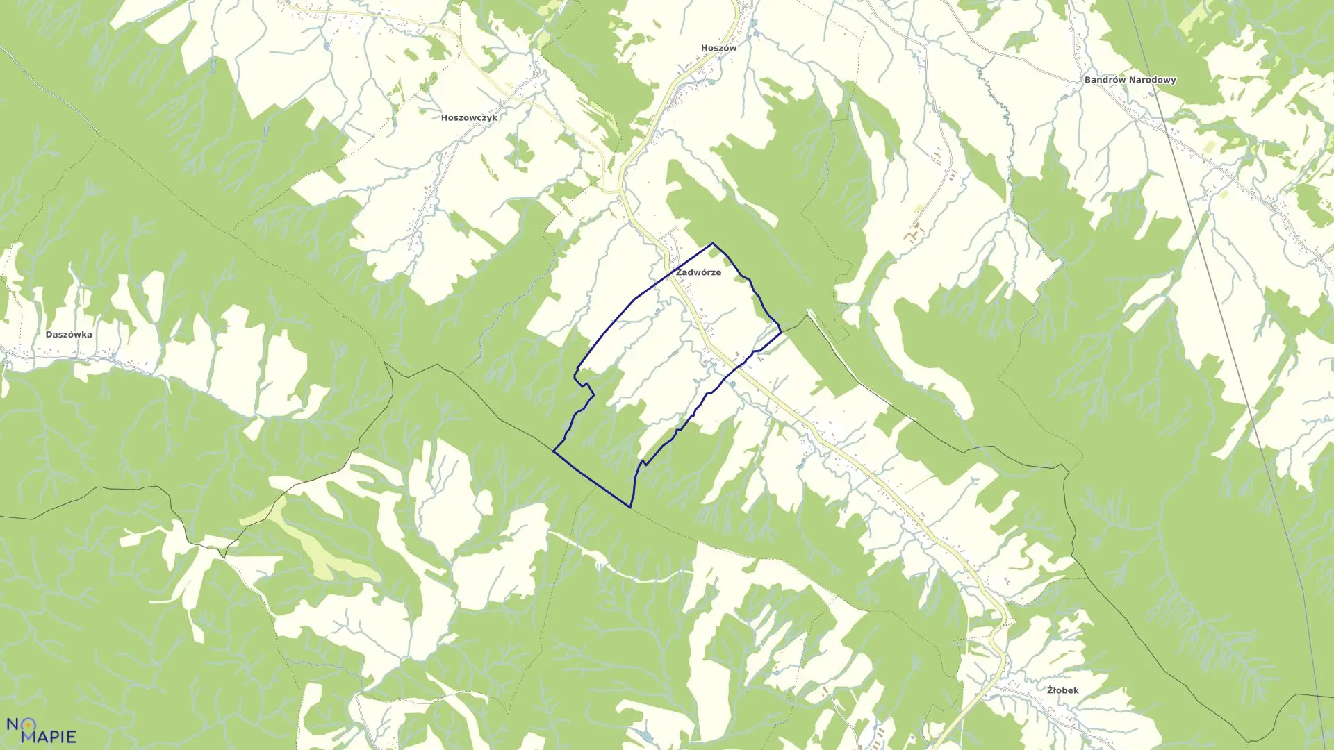 Mapa obrębu Zadwórze w gminie Ustrzyki Dolne