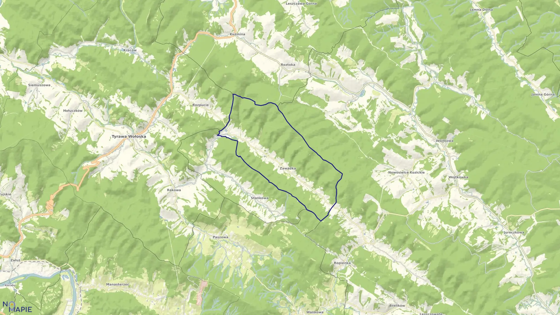 Mapa obrębu Zawadka w gminie Ustrzyki Dolne